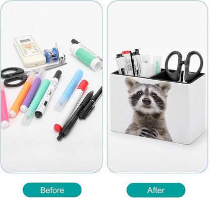 Niapessel Pencil Holder for Desk, Cute Funny Raccoon Pen Holder Storage Desktop Pen Organizer Desk Pencil Organizer Makeup Brush Holder for Office School College Leather