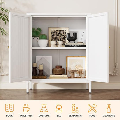 2 Door Metal Storage Cabinet-Small Bathroom Storage Cabinet with 1 Adjustable Shelf,Freestanding Sideboard for Home Office, Living Room, Hallway, Entryway(Striped Door, White)