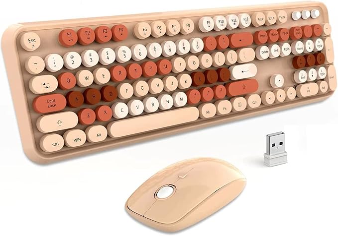 Beige Wireless Keyboard and Mouse Combo, Cute Aesthetic Typewriter Keyboard with Round Keys, 2.4Ghz Retro Bubble Full Size Wireless Keyboard with Number Pad for Long Nails PC Laptop