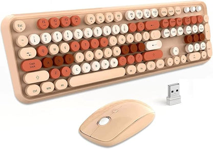 Beige Wireless Keyboard and Mouse Combo, Cute Aesthetic Typewriter Keyboard with Round Keys, 2.4Ghz Retro Bubble Full Size Wireless Keyboard with Number Pad for Long Nails PC Laptop