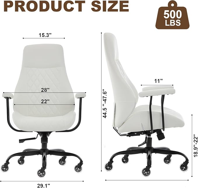 Office Chair with Rubber Wheels, Ergonomic Computer Chair 500 lbs, Leather Desk Chair with Lumbar Support, Executive Chair Adjustable Height & Recline, White | Ergonomic, Lumbar Support, 360° Swivel & Rolling Wheels, Adjustable Height, for Adults & Women