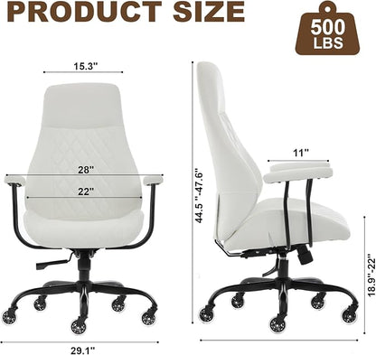 Office Chair with Rubber Wheels, Ergonomic Computer Chair 500 lbs, Leather Desk Chair with Lumbar Support, Executive Chair Adjustable Height & Recline, White | Ergonomic, Lumbar Support, 360° Swivel & Rolling Wheels, Adjustable Height, for Adults & Women