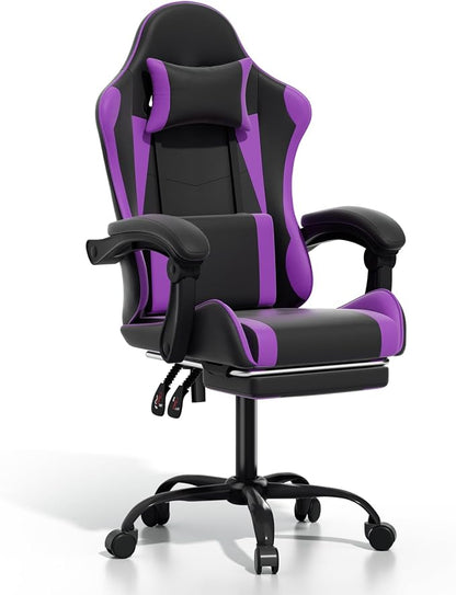 Gaming Chair, Ergonomic Computer Chairs with Arms, Lumbar Support, Footrest, Headrest 360°Swivel Chair, Adjustable Back and Height, Leather PC Chairs for Gaming, Study, Office, Black/Purple