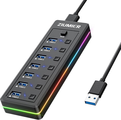 RGB USB Hub,7 Port USB Splitter Data Transfer for Gaming,Home,Office,School | USB 3.0 Hub with RGB LED Strip - Individual LED On/Off Switches for Laptop, PC, Mouse, Keyboard, Hard Drive