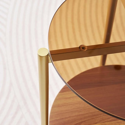 LumFurn Round Glass End Table, Mid-Century Modern Design Sofa Table for Living Room, D18 x H23, 2-Tier Structure, Amber Glass Top and Walnut Shelf, Sleek Conical Legs with Gold Finish Frame