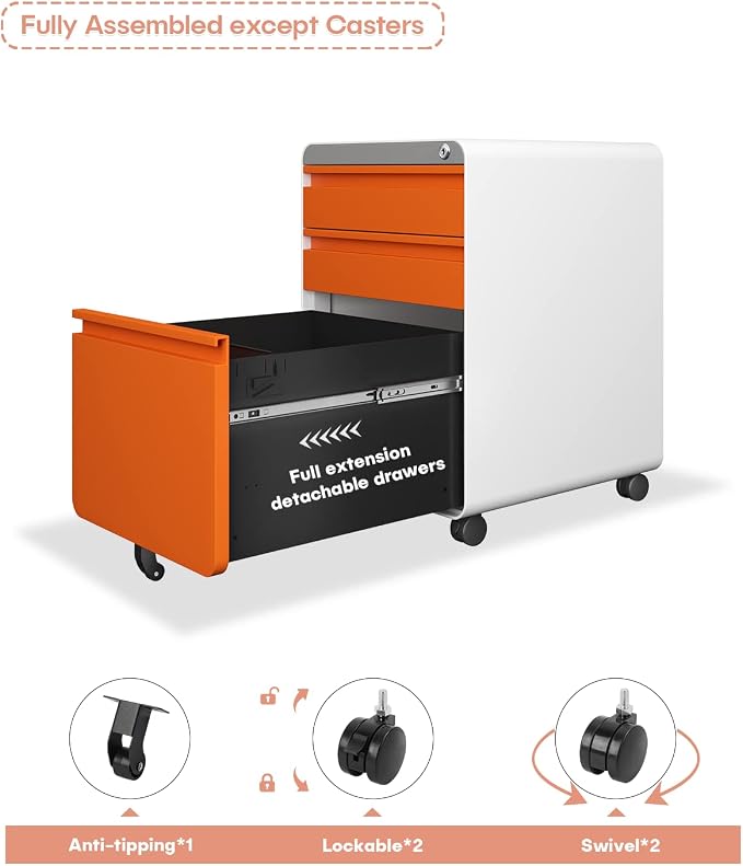 Dripex 3 Drawer File Cabinet, Mobile Under Desk Storage File Cabinet with Lock on Wheels, Letter/Legal Size, Fully Assembled, Vertical Metal Rolling Filing Cabinets for Home Office (Orange+White)