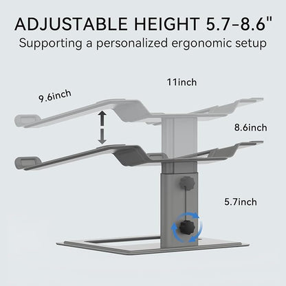 SOUNDANCE Adjustable Laptop Stand, Ergonomic Aluminum Riser for 10-17.3” Notebooks, Ventilated Metal Holder with Height Alignment for Desk Workspace, Grey