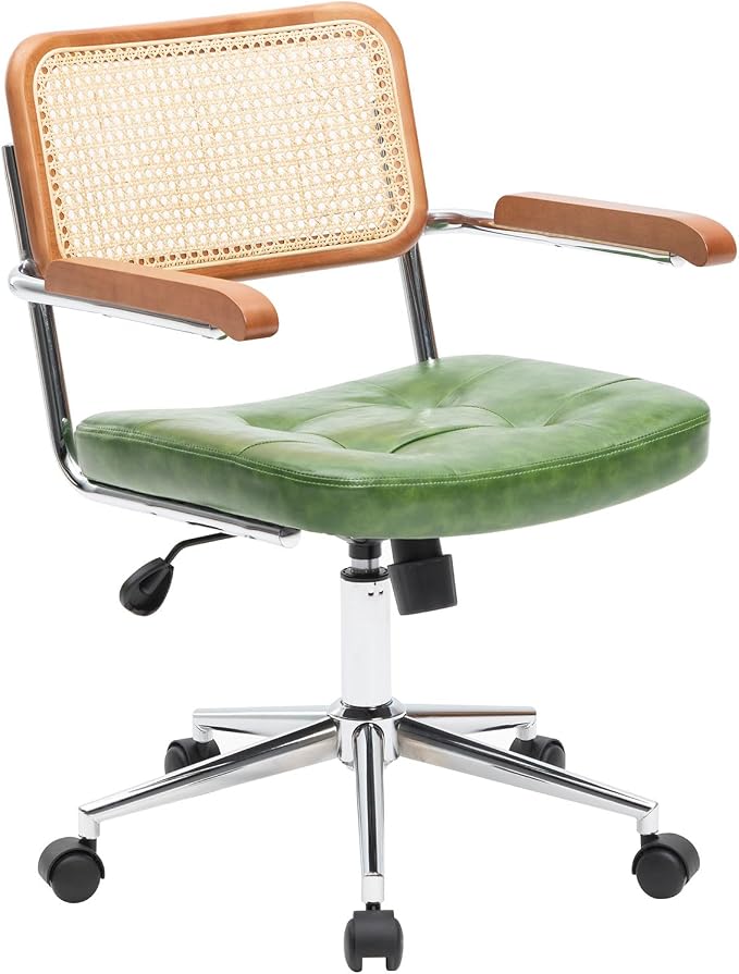 Rattan Office Chairs, Modern Rattan Desk Chair with Natural Back & Wood Armrest, Small Upholstered Tufted Leather Home Office Desk Chairs for Home Office, Bedroom, Study, Green