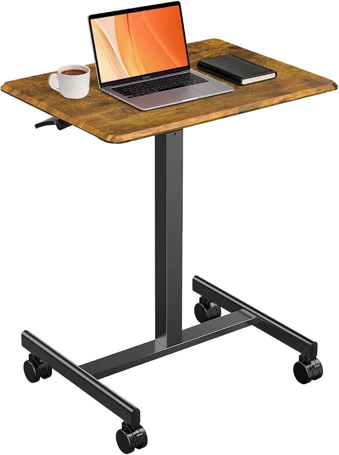 Adjustable Height Mobile Standing Desk with Lockable Casters, Rolling Sit Stand Laptop Computer Desk, Portable Compact Workstation for Home Office Dorm, Brown