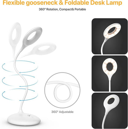 Rechargeable Desk Lamp Cordless with 3 Color Modes, Touch Control 30 LEDs Table Lamp, Stepless Dimming Reading Light, 360° Flexible, Portable Eye-Caring Sleep Aid for Dorm Study Office Bedroom