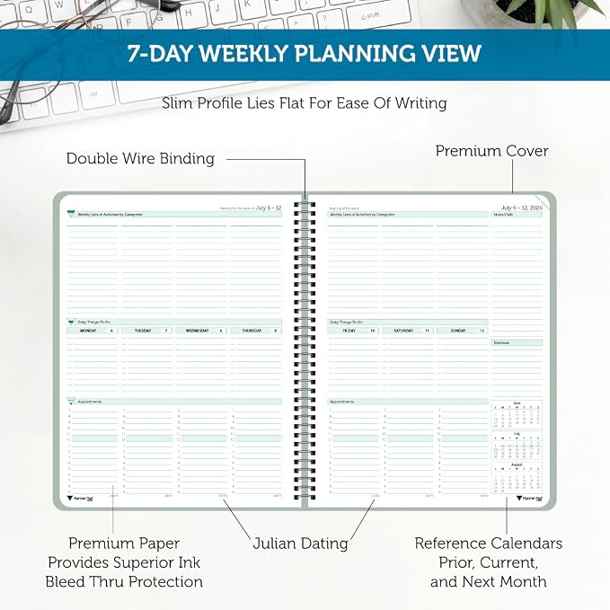 Planner Pad Spiral Bound July 2026 – June 2027 / Academic Year 8 1/2" x 11" Large 3-Tier Funnel Down 12 Month/Weekly Size Organizer, Greenish Grey Cover/Soft Green Ink