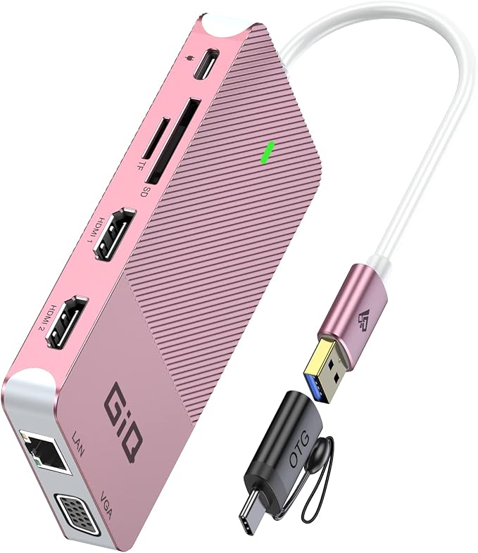 USB Docking Station GIQ USB C HUB USB 3.0 to Dual HDMI VGA Adapter Triple Display USB C Laptop Docking Station Dual Monitor HDMI Splitter Extender Compatible with MacBook M1 M2 M3 M4 M5 USB Dock