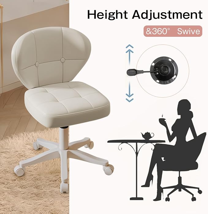 Small Office Chair with Lumbar Support, PU Leather Armless Swivel Desk Chair Adjustable Height, Compact Rolling Chair for Home Office, Bedroom, Study 1White