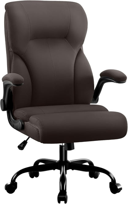 Executive Office Chair,High Back Ergonomic Comfy Desk Chair with Padded Flip-up Armrests,PU Leather Heavy Duty Computer Swivel Rolling Task Chair for Home Office,Adults,Dark Brown