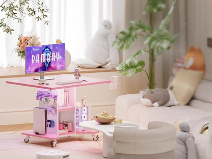 Pamray Small Gaming Desk Rolling Computer Table Pink | Movable, with Led Lights Power Outlets, with Storage Pegboard and Hook, Sturdy, Suitable for Study Gaming Bedroom Dorm