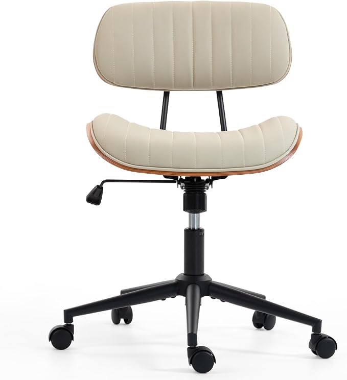 Home Office Chair with Wheels, Adjustable Height Leather Swivel Desk Computer Chair, Armless Modern Walnut Chair for Office, Meeting Room, White