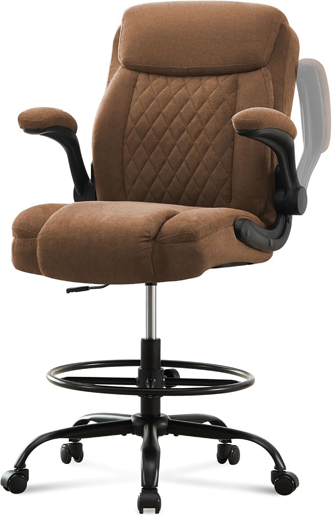 Drafting Chair Tall Office Chair for Standing Desk, Ergonomic Tall Desk Chair with Adjustable Foot Ring, Flip-Up Armrests, Lumbar Support, Comfortable Fabric Seat – Ideal for Home and Office Use