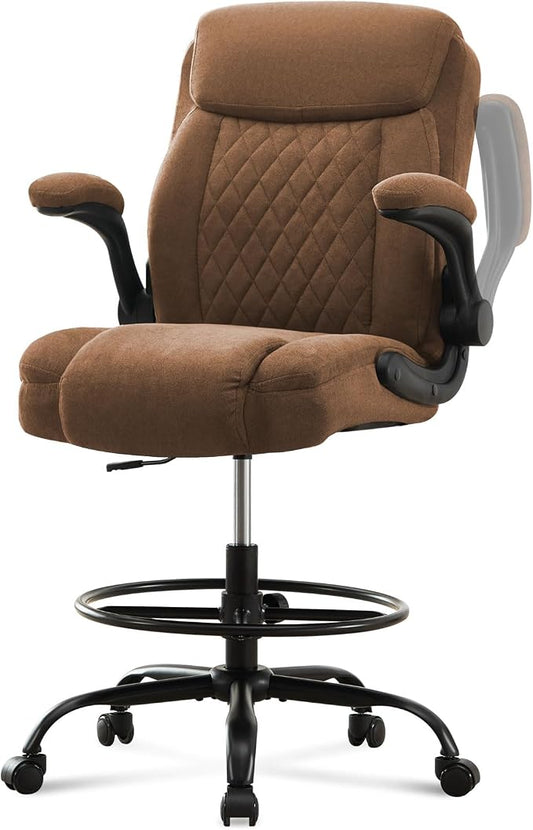 Drafting Chair Tall Office Chair for Standing Desk, Ergonomic Tall Desk Chair with Adjustable Foot Ring, Flip-Up Armrests, Lumbar Support, Comfortable Fabric Seat – Ideal for Home and Office Use