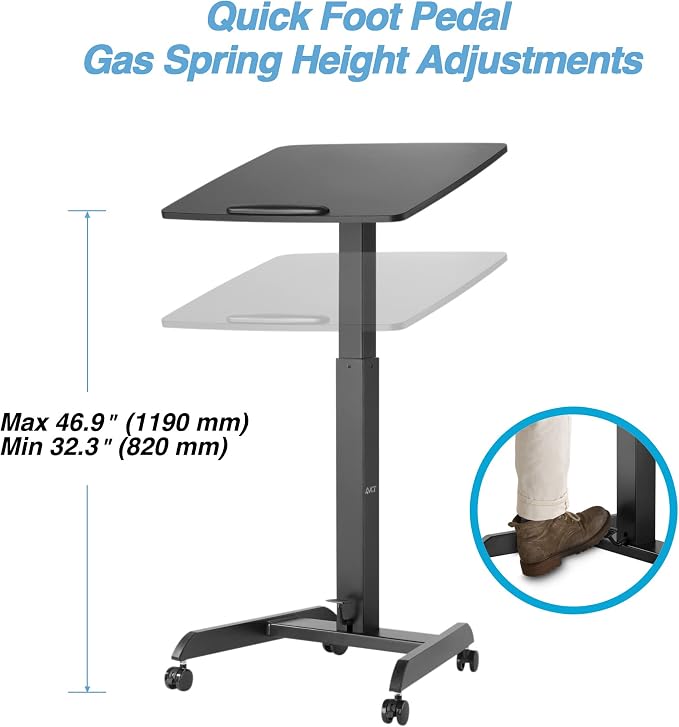 AVLT 47" Height Adjustable Mobile Workstation with Tilting Desk Black | 3 ft 11 inches - Foot Pedal Pneumatic Standing Desk Cart - Mobile Laptop Cart - Mobile Cart with Brake Casters