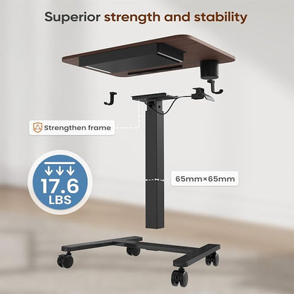 Monomi Mobile Standing Desk with Drawer, 28" Rolling Desk with Cup Holder and Hooks, Portable Laptop Cart on Wheels, Height Adjustable Workstation with Storage for Home Office, Walnut