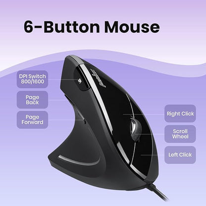 Perixx Perimice-513L Wired Vertical Ergonomic Mouse with 2 DPI, 6 Button Optical Ergo Mouse with 2 Level DPI Switch 1000 1600, Left Handed, Black