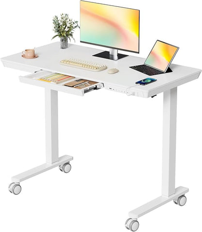 Electric Standing Desk with Drawer, 40" x 20" Whole Piece Tabletop Samll Sit Stand Desk, Height Adjustable Desk with Storage & USB Ports, Quick Install Home Office Computer Desk, White