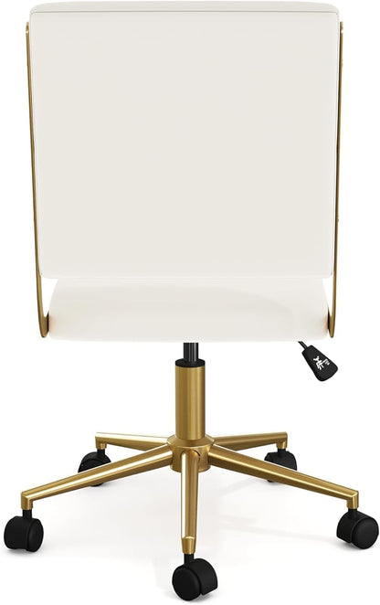 Martha Stewart Lulu Swivel Task Chair with Height Adjustable Seat for Home Office in Off White Faux Leather with Polished Brass Frame