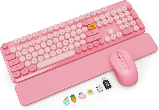 Wireless Keyboard and Mouse Combo with Magnetic Wrist Rest, Round Keycaps, Full-Size Retro Typewriter-Style, Two-Stage Tilt Legs, Auto-Sleep, 2.4G Wireless for Windows Mac Laptop PC, Soft Blush Pink