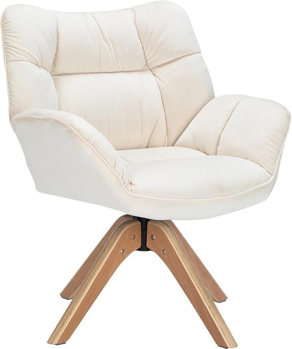 ZLHECTO® Mid Century Accent Chair, 360° Swivel Fabric Desk Chair, Modern Cozy Vanity Chair No Wheel Wood Legs Upholstered Single Armchair for Living Room Bedroom Office Dining Room (Fabric Beige)
