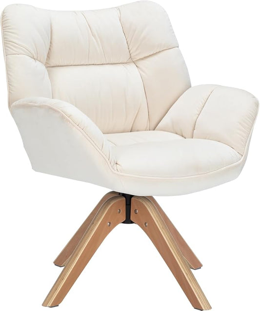ZLHECTO® Mid Century Accent Chair, 360° Swivel Fabric Desk Chair, Modern Cozy Vanity Chair No Wheel Wood Legs Upholstered Single Armchair for Living Room Bedroom Office Dining Room (Fabric Beige)