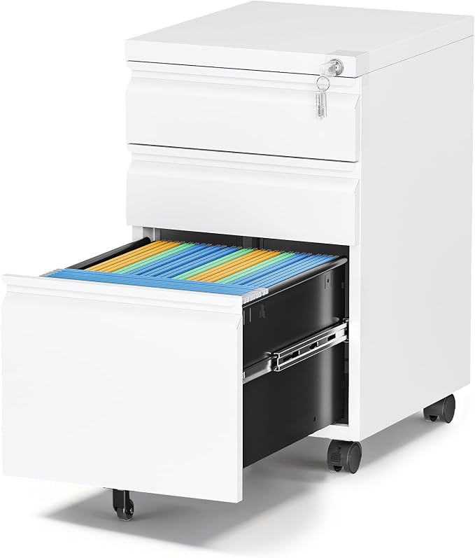 3 Drawer Mobile File Cabinet with Lock,Under Desk Filing Cabinet for Home Office, Metal Filing Cabinets on Wheels for Legal/Letter/A4 File, Fully Assembled Except Wheels, White