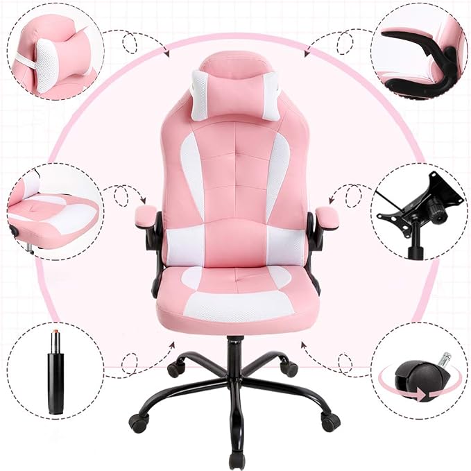 BestOffice Gaming Chair Office Chair Desk Chair with Lumbar Support Flip Up Arms Headrest Swivel Rolling Adjustable PU Leather Racing Computer Chair for Girls,Pink
