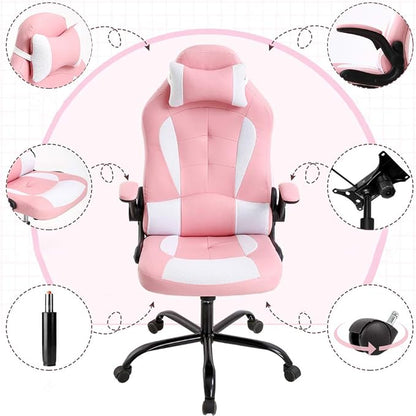 BestOffice Gaming Chair Office Chair Desk Chair with Lumbar Support Flip Up Arms Headrest Swivel Rolling Adjustable PU Leather Racing Computer Chair for Girls,Pink
