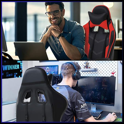 BestOffice | Ergonomic Gaming Chair | Red | Reclining Computer Chair with Lumbar Support, Headrest Pillow, Adjustable Footrests | 360 Swivel with Heavy Duty Wheels | for Home & Office