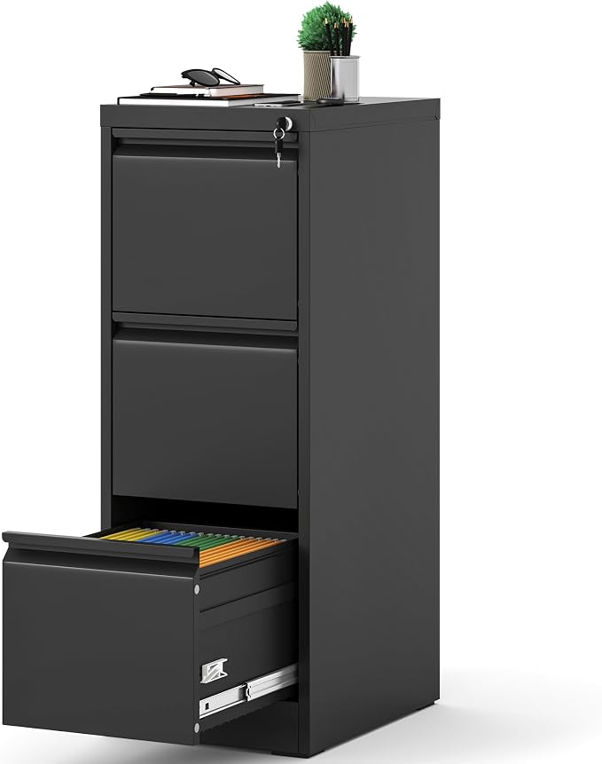 AQY 3 Drawer File Cabinet with Lock, Metal Filing Cabinets for Home Office, 18" Deep Vertical Storage Drawer for Hanging A4/Letter/Legal Size Files, Assembly Require