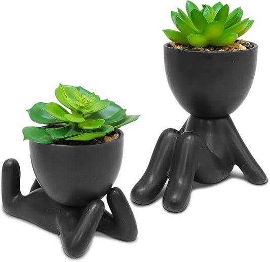 Zerzsy 2PCS Cute Artificial Succulent Plants with Black Human Shaped Pots, Fake Succulents Desk Decor Plant, Mini Potted Planter for Office Decor Desktop Bathroom Decor