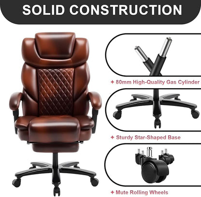 500lbs Reclining Office Desk Chair with Footrest, Managerial Executive Chair Lounge Chair for Office, Plus Size Brown Leather Recliner Office Chairs