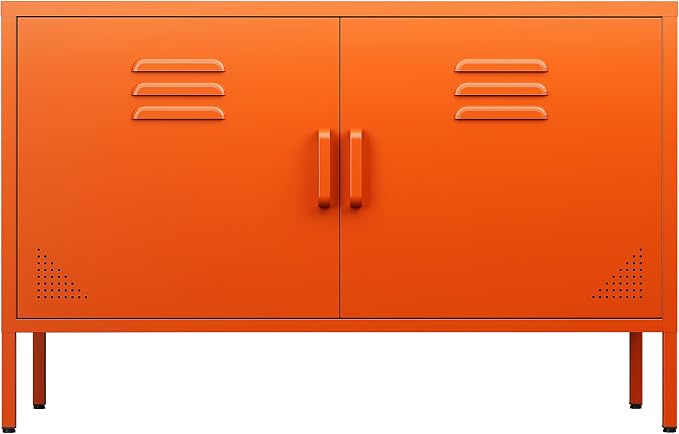 SISESOL Orange Metal Storage Cabinet with Doors and Shelves,2 Door Wide Metal Locker Accent Storage Cabinet with Leg & Vent Hole,Wide TV Cabinets,Low Side Cupboard for Home,Office,Dining/Living Room