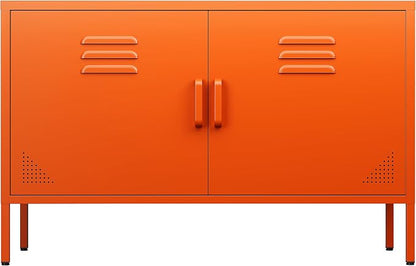SISESOL Orange Metal Storage Cabinet with Doors and Shelves,2 Door Wide Metal Locker Accent Storage Cabinet with Leg & Vent Hole,Wide TV Cabinets,Low Side Cupboard for Home,Office,Dining/Living Room