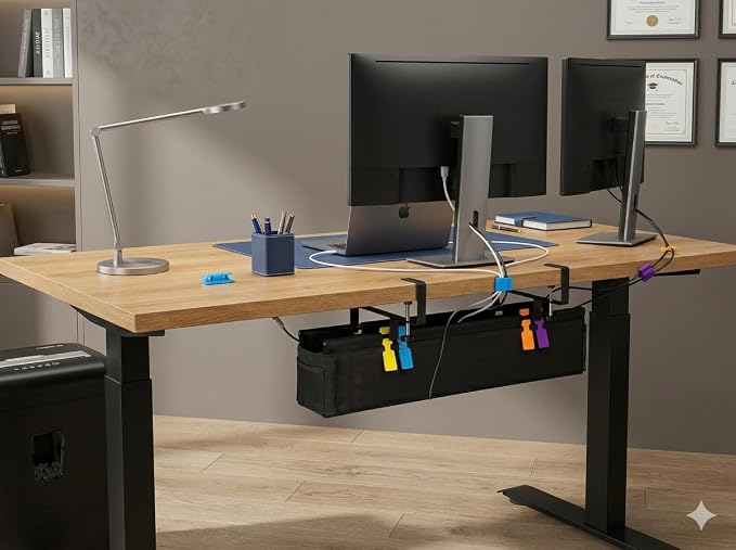 Large Under Desk Cable Management Tray, 28", Black Standing Under Cable | No Drill, Fabric Cord Organizer with Reinforced Base, Clamp Mount Wire Management, For Office/Home & Standing Desk