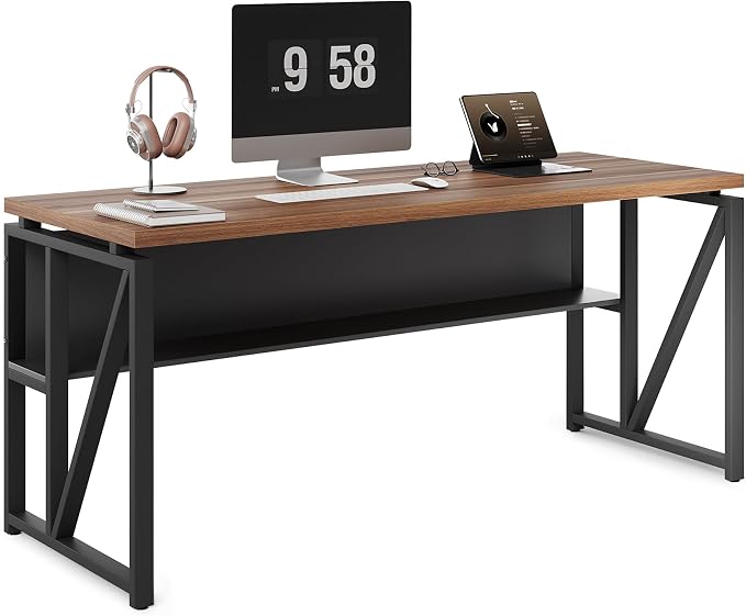 LITTLE TREE 55-Inch Executive Office Desk, Large Computer Desk with Storage Shelf, Executive Desk with Metal Frame, Thickened Desktop, Study Writing Desk Work Station for Home Office, Walnut Black