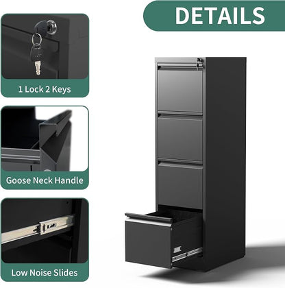 4 Drawer File Cabinet with Lock, Steel Vertical Filing Cabinets for Home Office, Metal Storage Cabinet for Hanging Legal/Letter Size Files, Assembly Required (Black)