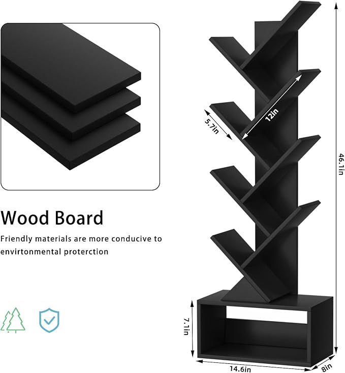 SHEEPAM 9 Tier Tree Bookshelf,Christmas Green Bookcase for Narrow Space, Storage Organizer Floor Standing Bookshelves for Books, Tall Book Case for Home Office, Living Room, Bedroom