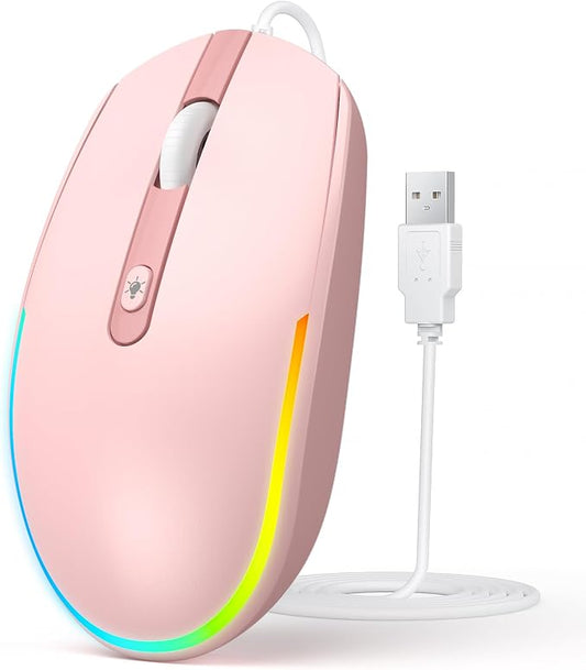 seenda Wired Mouse - USB Corded Mouse with Colorful RGB Backlit, Plug and Play, 1600 DPI Optical Tracking，Silent Computer Mouse for Laptop, PC, Chromebook, Desktop, Office, School, Home, Pink