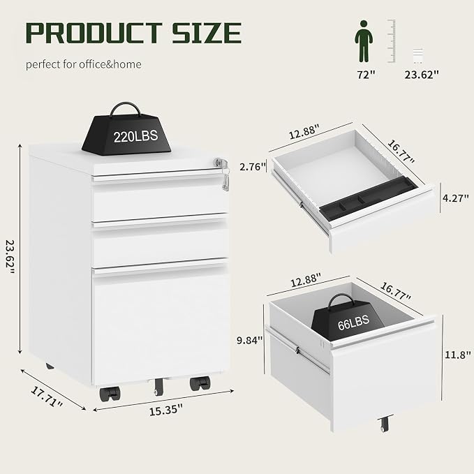 3 Drawer File Cabinet with Lock,Rolling Mobile File Cabinet with Wheels for Home Office,Under Desk Metal Filing Cabinet,Office Storage Organizer,Fully Assembled,White