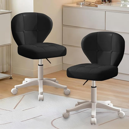 Vanity Chair with Back – Small Armless Office Chair with Wheels, Lumbar Support, PU Leather, Adjustable Height, 360° Swivel for Home, Bedroom, Office Black Set of 2