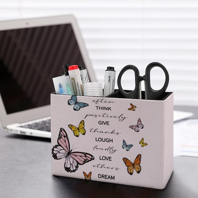 Niapessel Pencil Holder for Desk, Positive Quote Butterflies Pen Holder Storage Desktop Pen Organizer Desk Pencil Organizer Makeup Brush Holder for Office School College Leather