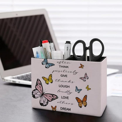 Niapessel Pencil Holder for Desk, Positive Quote Butterflies Pen Holder Storage Desktop Pen Organizer Desk Pencil Organizer Makeup Brush Holder for Office School College Leather