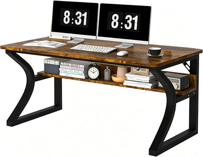 55'' Computer Desk Home Office Desk, Modern Computer Desk w/U Shaped Metal Frame, Storage Shelves, PC Table Study Writing Desk Workstation for Home Office (55inch/Brown)