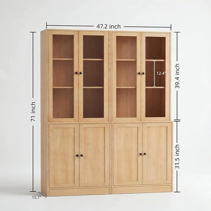 TUSY 71'' Bookshelf with Doors - 5 Tier Freestanding Tall Bookcase, Modern Storage Cabinet for Home Office, Curio Cabinets with Glass Door for Living Room, Bedroom (2, Wood)